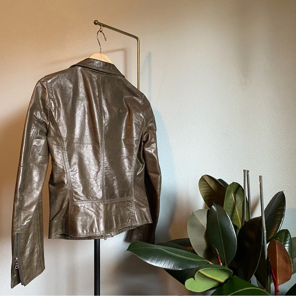 Army green leather jacket with collar - Picture 2 of 4